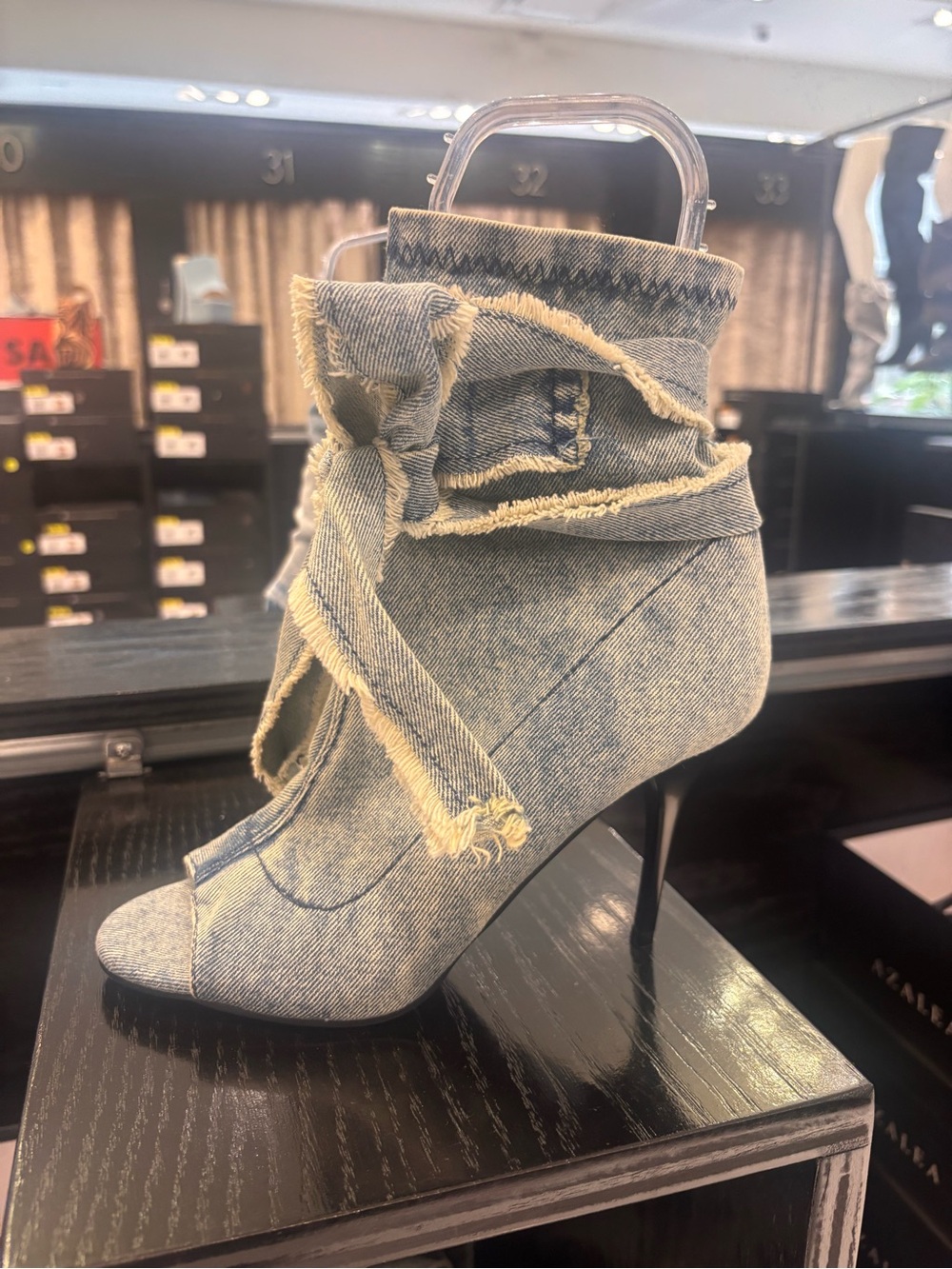 Denim Open-Toe High Heel Ankle Boot in Light Blue